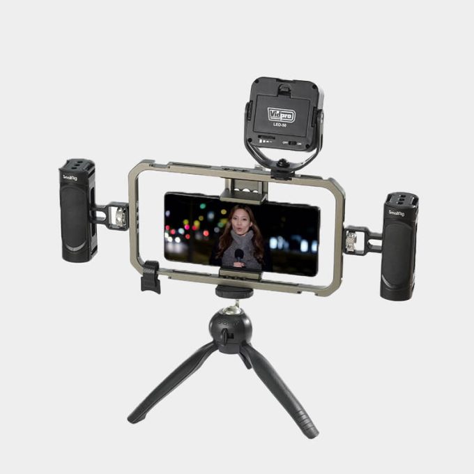 Kit Jaula smallrig y Luz Led y mini tripode para telefonos