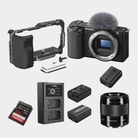 Kit Cámara sin espejo Sony ZV-E10 con Jaula Lente Sony 50 mm f/1.8 OSS, Memoria 64GB y Kit de Cargador con Batería
