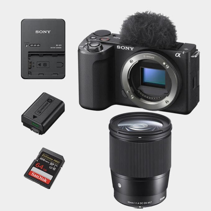 Sony ZV-E10 II con Lente Sigma 16mm f/1.4 DC cargador Sony BC-QZ1 y Memoria Sandisk 64GB V30